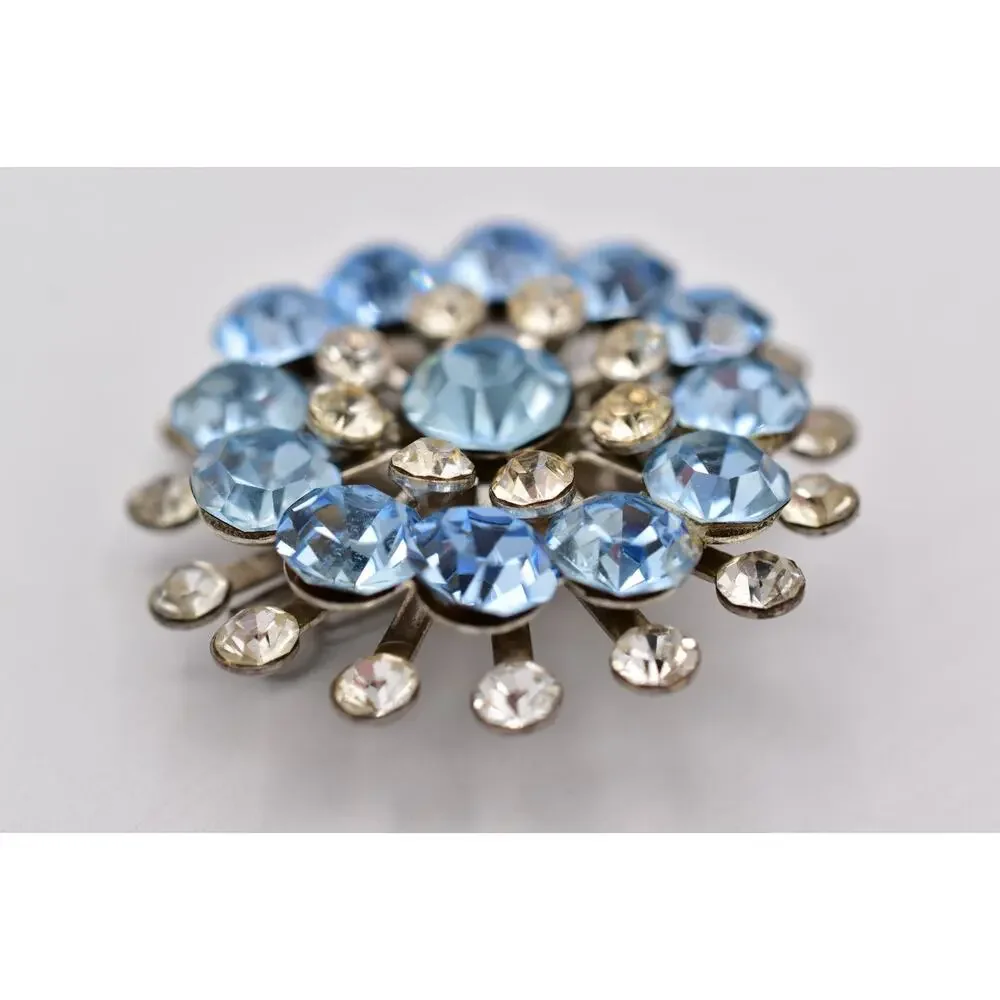 Vintage Sky Blue Rhinestone Starburst Brooch Crystal Silver Floral Pin 50s BinBI